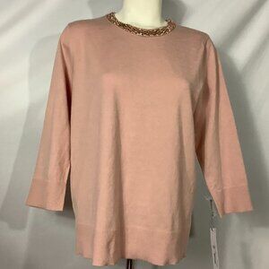 Liz Claiborne Round Bejeweled Neck Long Sleeve Rose Quartz Sweater Med. New WT